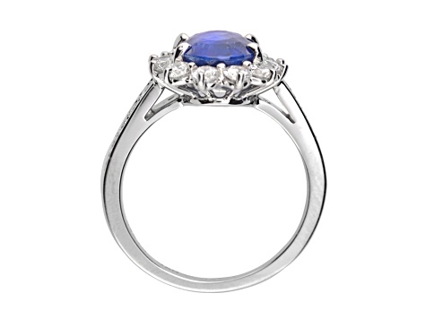 Oval Blue Sapphire and White Diamond Platinum Ring. 4.21 CTW
