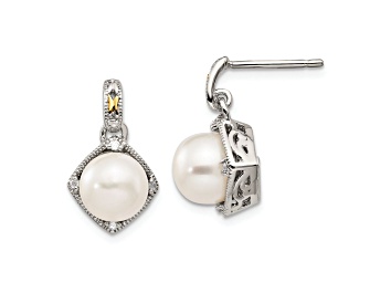 Picture of Sterling Silver Rhodium-plated with 14K Accent Freshwater Cultured Pearl and Diamond Post Earrings