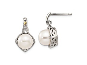 Sterling Silver Rhodium-plated with 14K Accent Freshwater Cultured Pearl and Diamond Post Earrings
