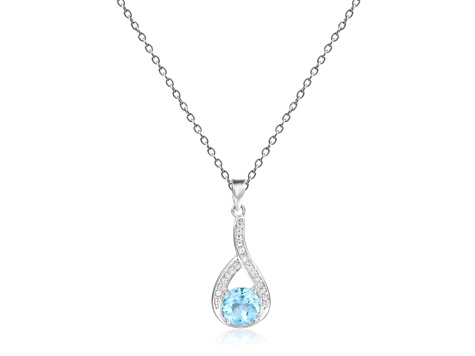 Round Blue Topaz and White Sapphire Sterling Silver Pendant With Chain