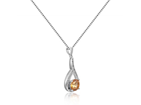 Round Citrine and White Sapphire Sterling Silver Pendant With Chain