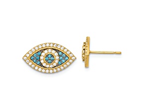 Rhodium Over 14k Yellow Gold Polished Blue and White Cubic Zirconia Evil Eye Stud Earrings