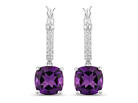 Purple Amethyst and Lab Grown Diamond Rhodium Over Silver Dangle Earrings 3.78ctw