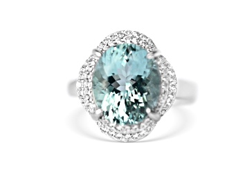 Picture of Rhodium Over Sterling Silver Oval Aquamarine and White Zircon Ring 4.28ctw