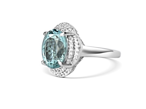 Rhodium Over Sterling Silver Oval Aquamarine and White Zircon Ring 4.28ctw