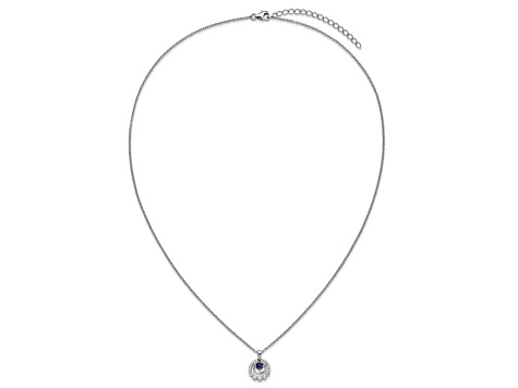 Rhodium Over Sterling Silver Polished Cubic Zirconia and Blue Glass with 2 Inch Extension Necklace