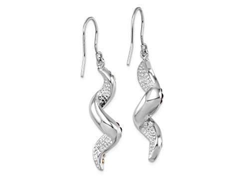Rhodium Over Sterling Silver Long Twirl Crystal Wave Dangle Earrings