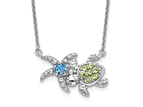 Rhodium Over Sterling Silver Peridot and Light Swiss Blue Topaz Turtle Starfish Necklace