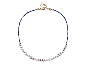Kids/Teens 14k Gold Plated over Brass with Freshwater Pearls & Light Blue Mineral Beads Necklace