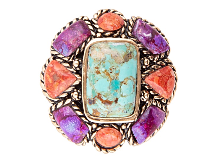 Barse Jewelry Blue & Purple Turquoise With Orange Sponge Coral Gold Tone Floral Ring
