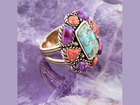 Barse Jewelry Blue & Purple Turquoise With Orange Sponge Coral Gold Tone Floral Ring