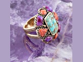 Barse Jewelry Blue & Purple Turquoise With Orange Sponge Coral Gold Tone Floral Ring