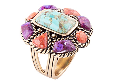 Barse Jewelry Blue & Purple Turquoise With Orange Sponge Coral Gold Tone Floral Ring