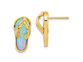 14k Yellow Gold Polished and Textured with Lab Created White Opal Flip Flop Stud Earrings