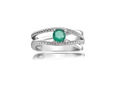 Round Emerald with White Sapphire Accents Sterling Silver Crossover Open Design Ring, 0.65ctw