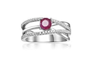 Round Ruby with White Sapphire Accents Sterling Silver Crossover Open Design Ring, 0.65ctw