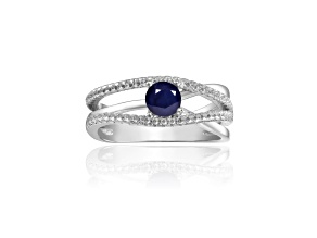 Round Blue Sapphire with White Sapphire Accents Sterling Silver Crossover Open Design Ring, 0.65ctw