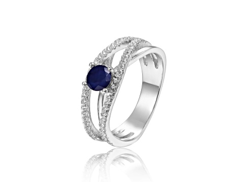 Round Blue Sapphire with White Sapphire Accents Sterling Silver Crossover Open Design Ring, 0.65ctw