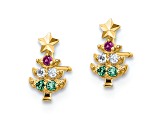 14K Yellow Gold Red and Clear Cubic Zirconia and Green Glass Christmas Tree Post Earrings