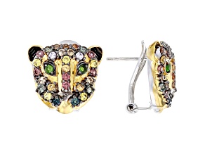 Multi Sapphire Rhodium & 24k Yellow Gold Over Palladium Sterling Silver Panther Earrings 4.48ctw
