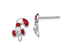 Rhodium Over Sterling Silver Enamel and Crystal Candy Cane Earrings