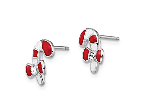 Rhodium Over Sterling Silver Enamel and Crystal Candy Cane Earrings