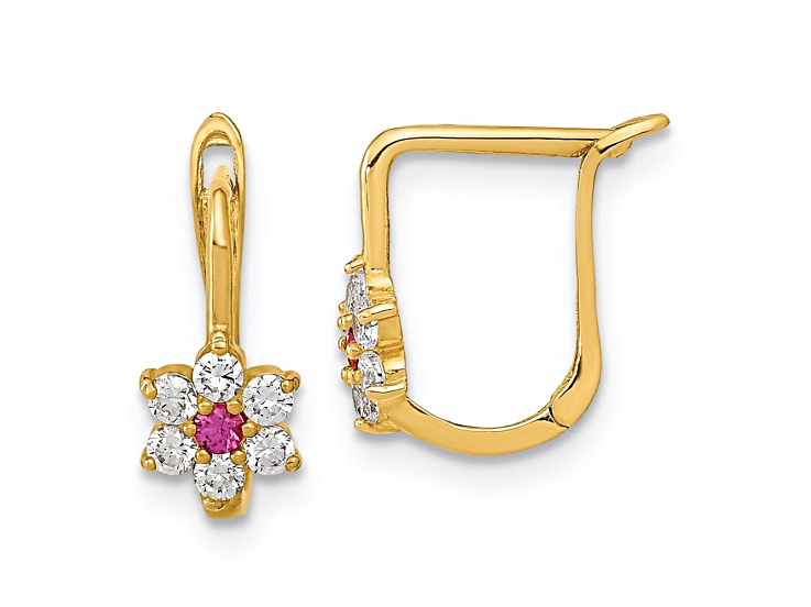 14k Yellow Gold Polished Red and White Cubic Zirconia Flower Dangle Earrings