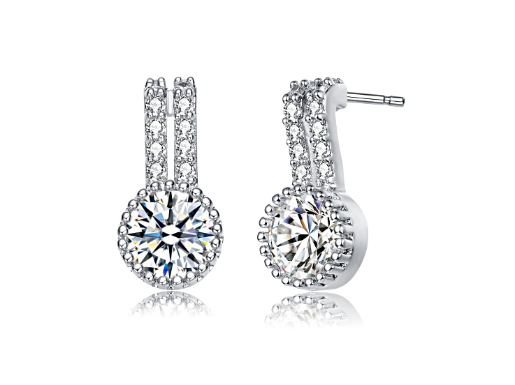 Rhodium Plated over Brass with Clear Cubic Zirconia Solitaire Milgrain Double Drop Earrings