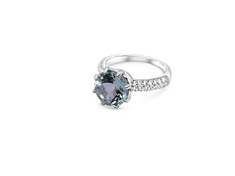 10mm Round Aquamarine and White CZ Rhodium Over Sterling Silver Ring, 3.62ctw