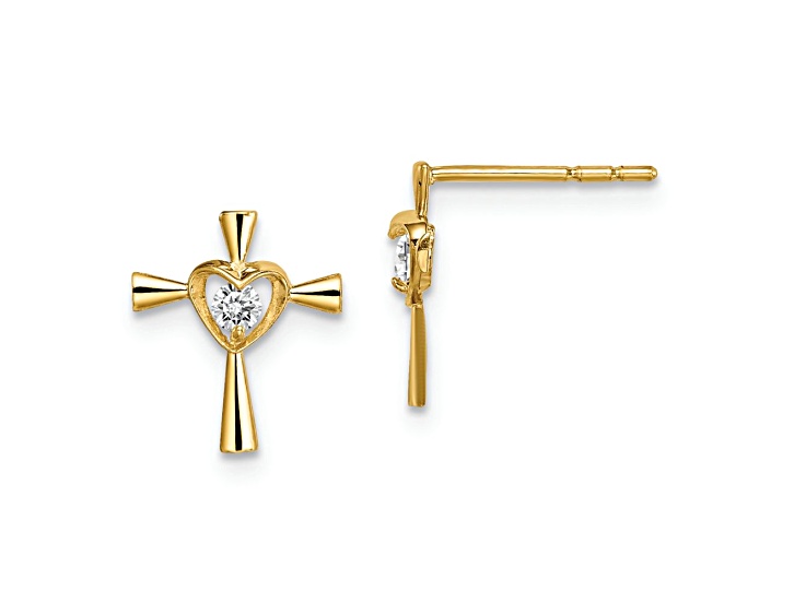 14k Yellow Gold Children's Cubic Zirconia Cross with Heart Stud Earrings