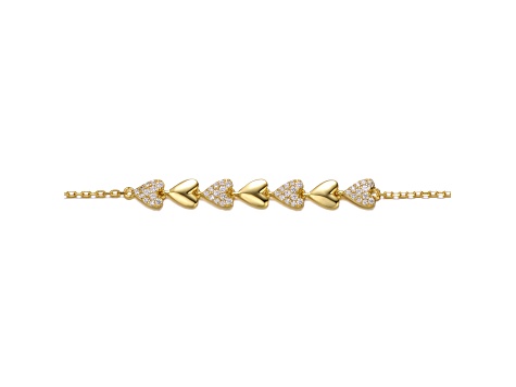 14K Yellow Gold Plated over Sterling Silver with Clear CZ Pave Heart Stampato Link Bracelet