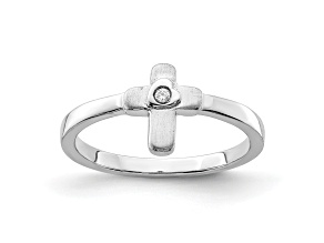 Sterling Silver Polished and Satin Cubic Zirconia Cross Children's Ring