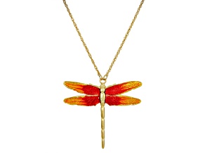 1928 Jewelry Gold Tone Brass Orange Enamel Dragonfly Pendant With Chain 16 Inch Adjustable