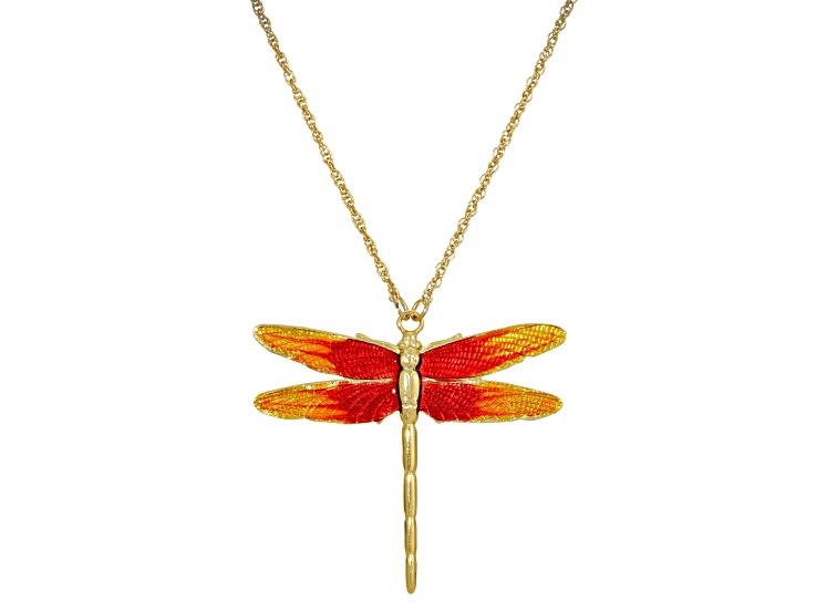 1928 Jewelry Gold Tone Brass Orange Enamel Dragonfly Pendant With Chain 16 Inch Adjustable