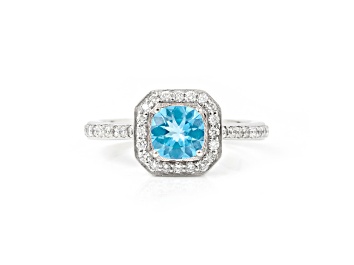 Picture of Rhodium Over Sterling Silver Paraiba Blue Apatite and Lab Grown Diamond Halo Design Ring