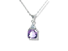 Rhodium Over Sterling Silver Octagon Amethyst and White Cubic Zirconia Pendant With Chain