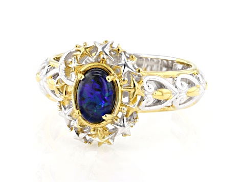 Peacock Australian Opal Triplet Rhodium & 24K Yellow Gold Over Palladium Sterling Silver Ring