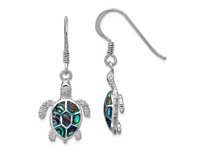 Rhodium Over Sterling Silver Polished Paua Shell Turtle Dangle Earrings