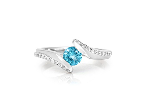 Rhodium Over Sterling Silver Paraiba Blue Apatite and Lab Grown Diamond Accent Bypass Ring 0.85ctw