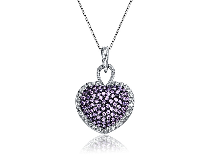 Rhodium Plated over Sterling Silver with Purple Cubic Zirconia Pave Heart Necklace