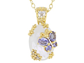 Blue Tanzanite and Mother of Pearl Rhodium & 24k Gold Over Palladium Silver Pendant W/ Chain 0.53ctw