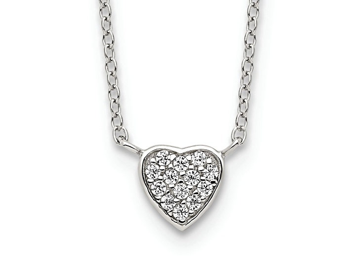 Rhodium Over Sterling Silver Polished Cubic Zirconia Heart 16 inch Necklace