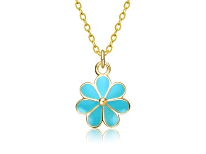 14K Gold Plated over Sterling Silver with Tiffany Blue Enamel Daisy Flower Charm Necklace for Kids