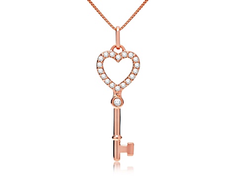 White Cubic Zirconia 14k Rose Gold Key Pendant With Chain 0.20ctw