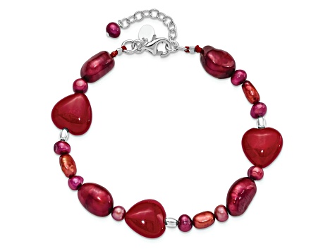 Sterling Silver Red Jade Hearts/Freshwater Cultured Pearl Bracelet