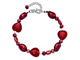 Sterling Silver Red Jade Hearts/Freshwater Cultured Pearl Bracelet