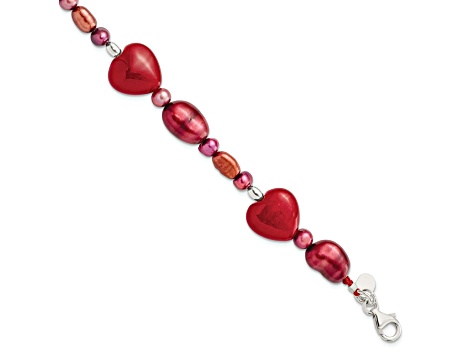 Sterling Silver Red Jade Hearts/Freshwater Cultured Pearl Bracelet