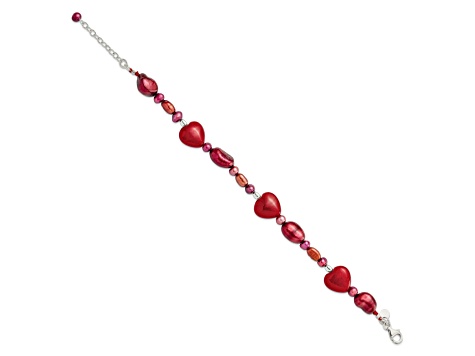 Sterling Silver Red Jade Hearts/Freshwater Cultured Pearl Bracelet