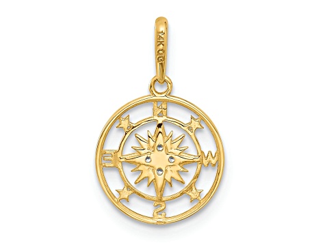 14K Yellow Gold Polished and Textured Cubic Zirconia Compass Pendant