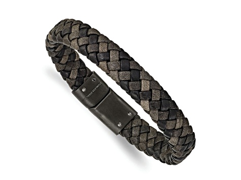 Brown Leather and Stainless Steel Brushed Gun Metal IP-plated 8.25-inch Bracelet